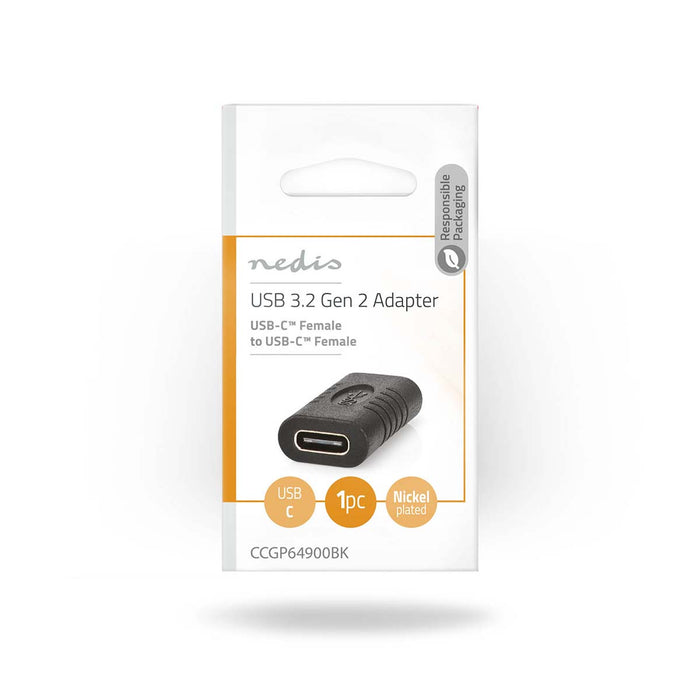 Nedis USB Adapter - USB 3.2 Gen 2, USB-C Female, USB-C Female, Black - Polybag