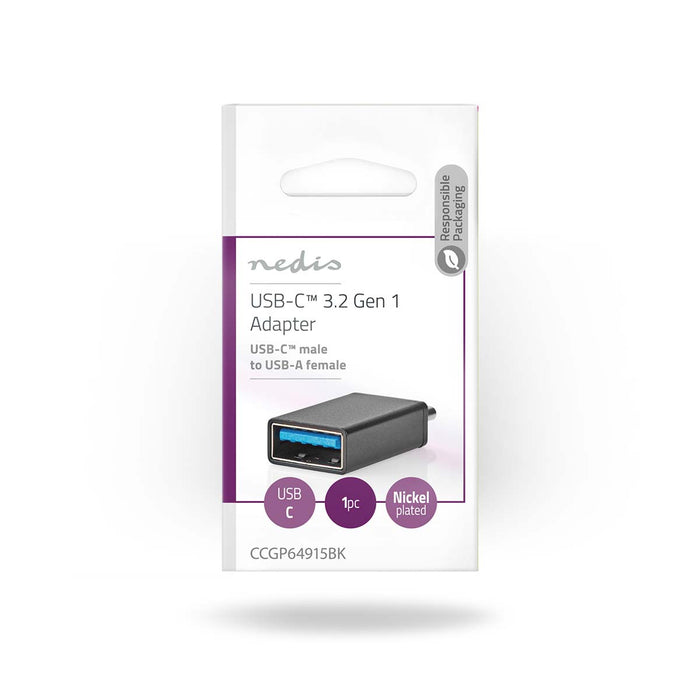 Nedis USB Adapter - USB 3.2 Gen 1, USB-C Male, USB-A Female, Black - Envelope