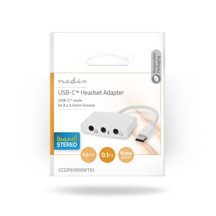 Nedis USB-C Adapter - USB 2.0, USB-C Male, 3.5 mm Female, White - Envelope