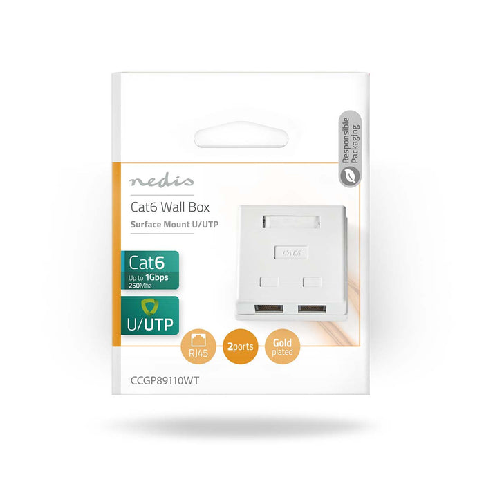 Nedis Network Wall Box - On-Wall, 2 port(s), UTP CAT6, White - Envelope