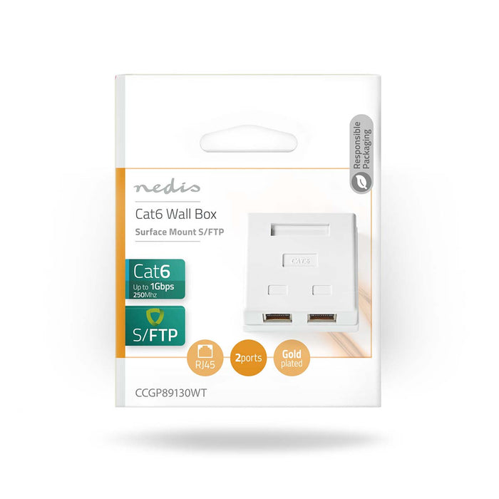 Nedis Network Wall Box - On-Wall, 2 port(s), STP CAT6, White - Envelope