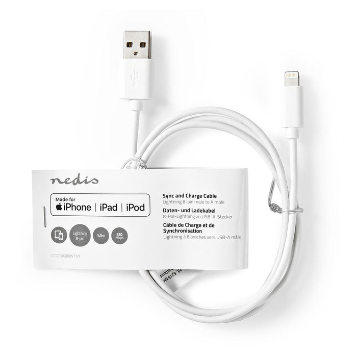 Nedis Lightning Cable - USB 2.0, Apple Lightning 8-Pin, USB-A Male, White - Tag