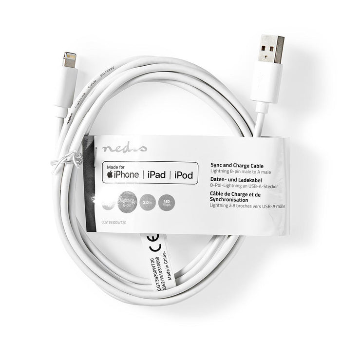 Nedis Lightning Cable - USB 2.0, Apple Lightning 8-Pin, USB-A Male, White - Tag