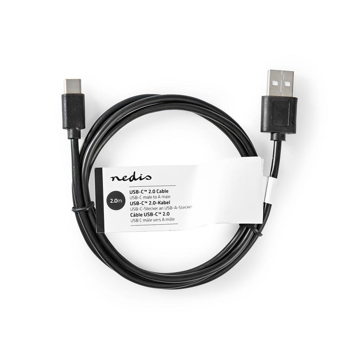 Nedis USB Cable - USB 2.0, USB-A Male, USB-C Male, Black - Tag