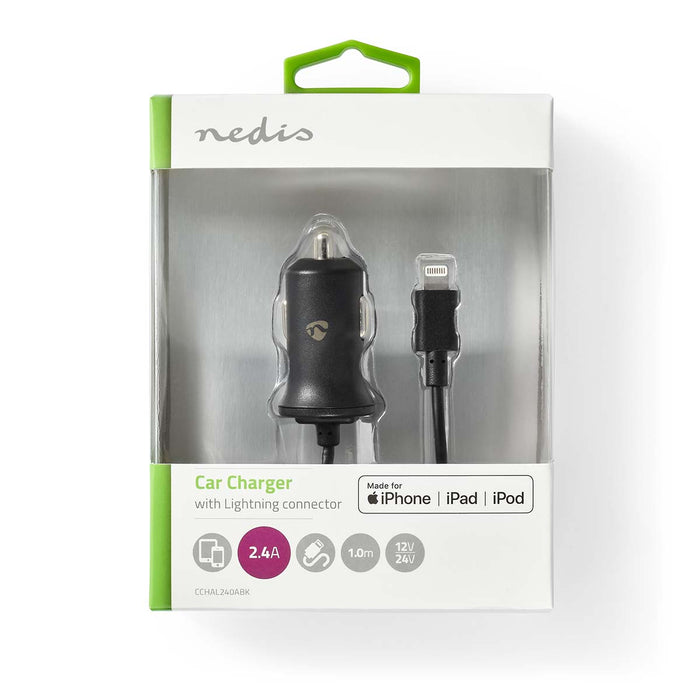 Nedis Car Charger - 1x 2,4 A, Number of outputs: 1, Lightning 8-Pin (Fixed) Cable, 12 W - Single Voltage Output