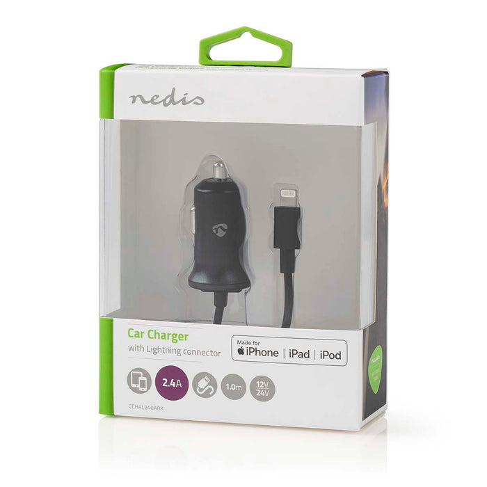 Nedis Car Charger - 1x 2,4 A, Number of outputs: 1, Lightning 8-Pin (Fixed) Cable, 12 W - Single Voltage Output