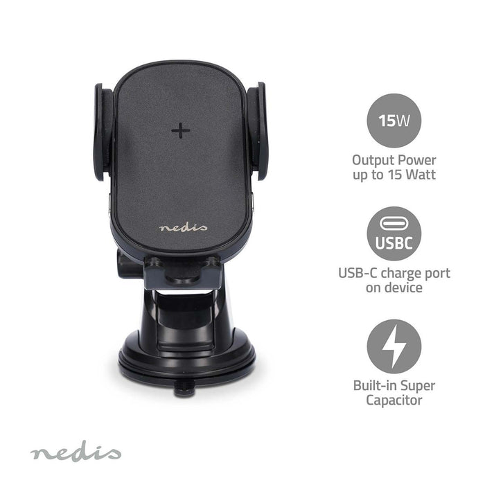 Nedis Wireless Car Charger - Qi certified, 7.5 / 10 / 15 W, 1.5 / 1.67 / 2 A, USB Type-C - Including cable