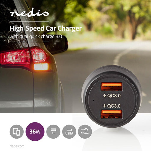 Nedis Car Charger - 2x 3,0 A, Number of outputs: 2, Port type: 2x USB-A, Automatic Voltage Selection - QC3.0