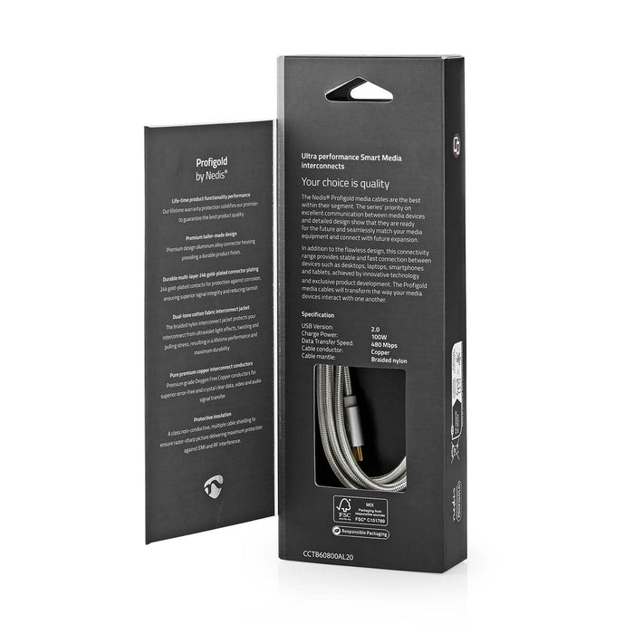 Nedis USB Cable - USB 2.0, USB-C Male, USB-C Male, Silver - Cover Window Box