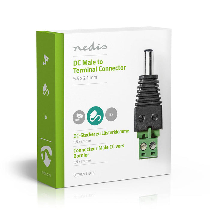 Nedis CCTV Security Connector - 2-Way Terminal Block, 5.5 x 2.1 mm Male, Male, Male - Black / Green