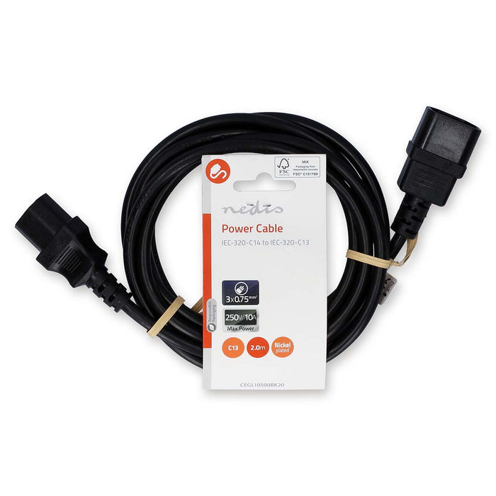 Nedis Power Cable - IEC-320-C14, IEC-320-C13, Straight, Black - Label