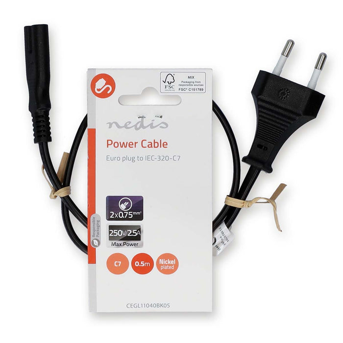 Nedis Power Cable - Euro Male, IEC-320-C7, Straight, Black - Label