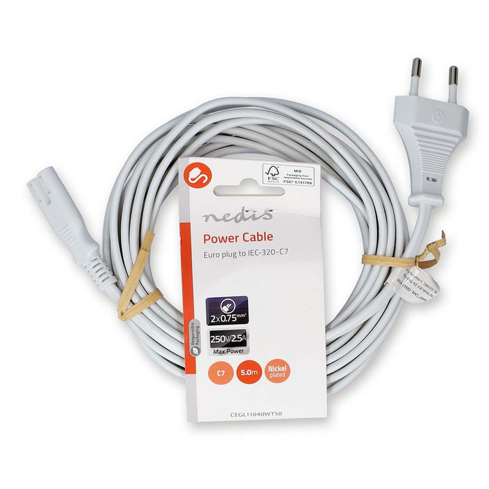 Nedis Power Cable - Euro Male, IEC-320-C7, Straight, White - Label