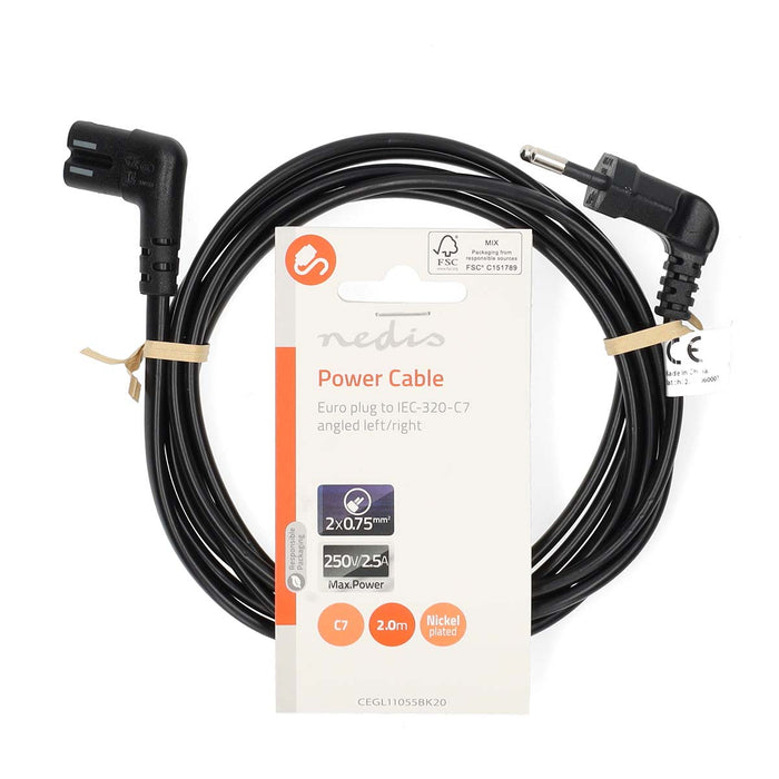 Nedis Power Cable - Euro Male, IEC-320-C7, Angled, Black - Label