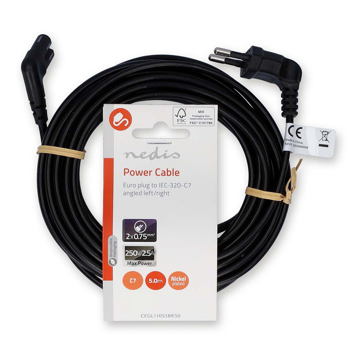 Nedis Power Cable - Euro Male, IEC-320-C7, Angled, Black - Label