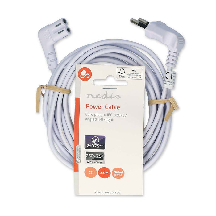 Nedis Power Cable - Euro Male, IEC-320-C7, Angled, White - Label