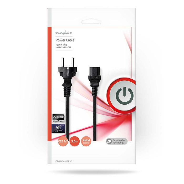 Nedis Power Cable - Plug with earth contact male, IEC-320-C13, Straight, Black - Envelope