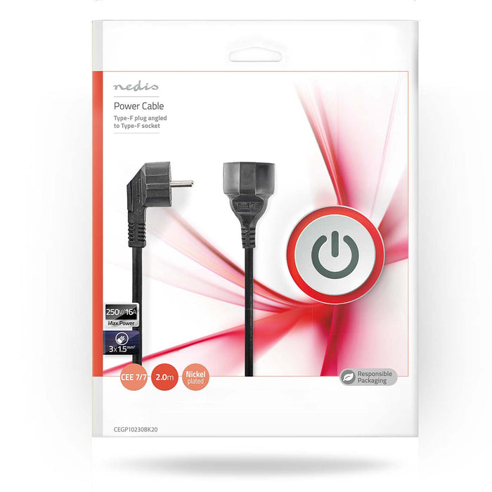 Nedis Power Cable - Plug with earth contact male, Plug with earth contact female, Angled, Black - Envelope