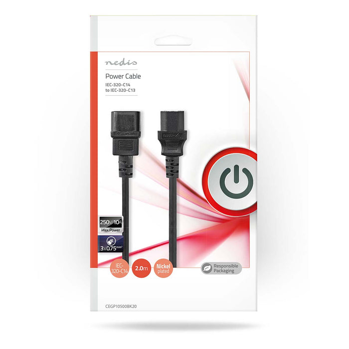 Nedis Power Cable - IEC-320-C14, IEC-320-C13, Straight, Black - Envelope