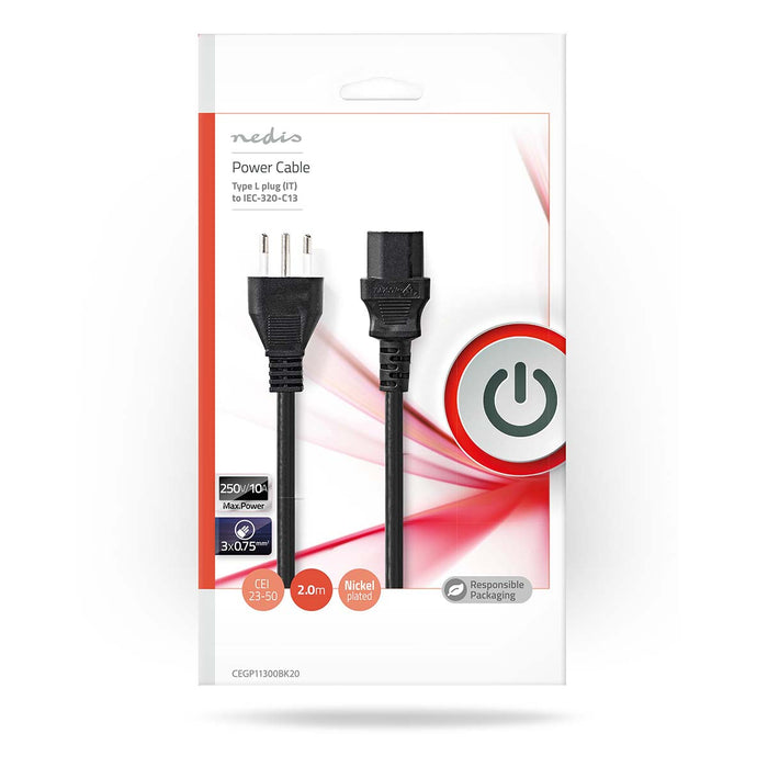 Nedis Power Cable - Italy Male, IEC-320-C13, Straight, Black - Envelope