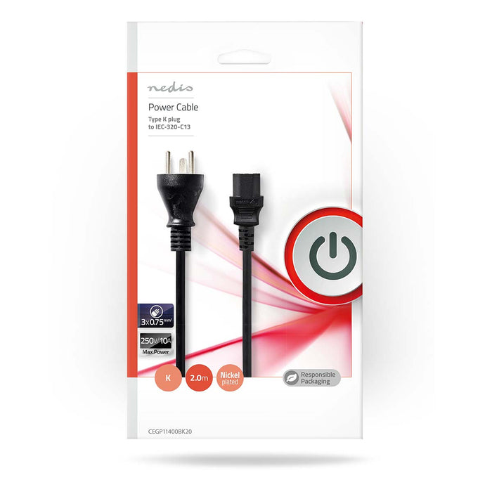 Nedis Power Cable - Denmark Male, IEC-320-C13, Straight, Black - Polybag