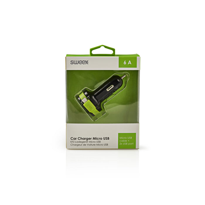 Sweex Car Charger 3-Outputs 6 A 2x USB / Micro USB Black/Green