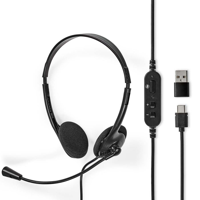 Nedis PC Headset - On-Ear, Stereo, USB Type-A / USB Type-C, Fold-Away Microphone - Black