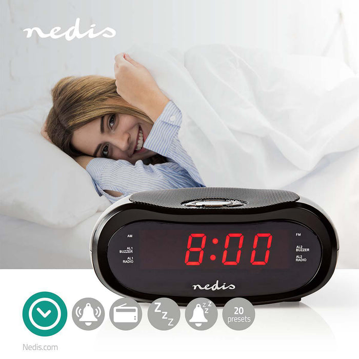 Nedis Digital Alarm Clock Radio - LED Display, Time projection, AM / FM, Number of alarms: 2 - Black