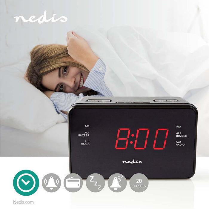 Nedis Digital Alarm Clock Radio - LED Display, 1x 3.5 mm Audio Input, Time projection, Number of alarms: 2 - Black