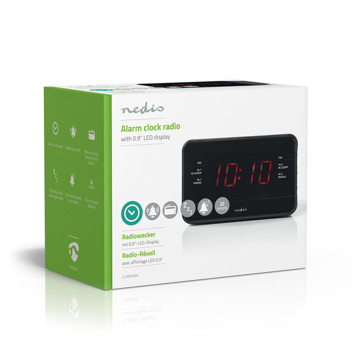 Nedis Digital Alarm Clock Radio - LED Display, 1x 3.5 mm Audio Input, Time projection, Number of alarms: 2 - Black