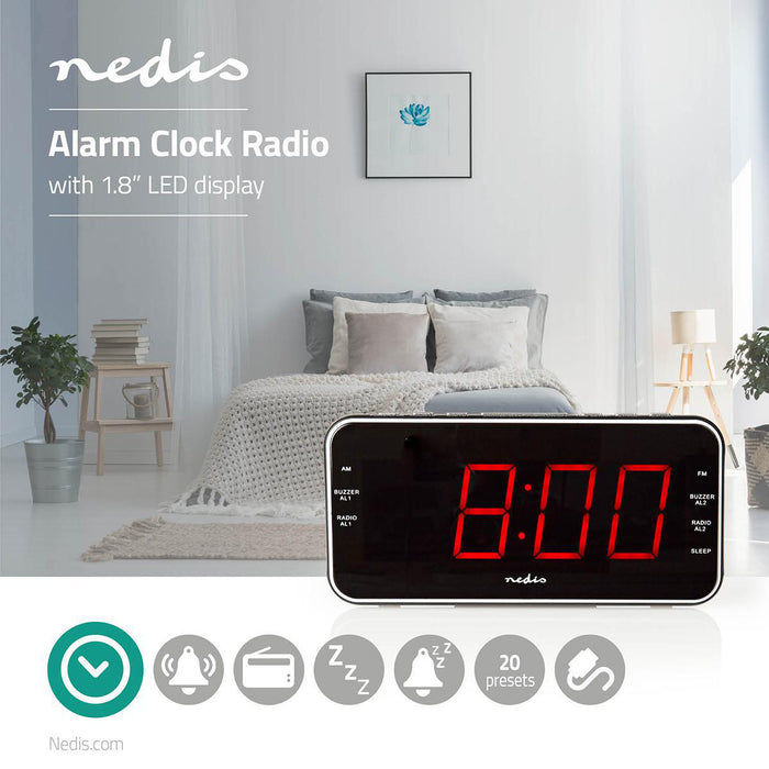 Nedis Digital Alarm Clock Radio - LED Display, 1x 3.5 mm Audio Input, Time projection, Number of alarms: 2 - Black