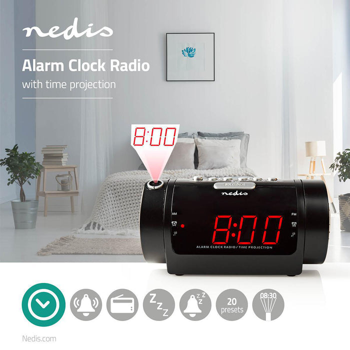 Nedis Digital Alarm Clock Radio - LED Display, Time projection, AM / FM, Number of alarms: 2 - Black