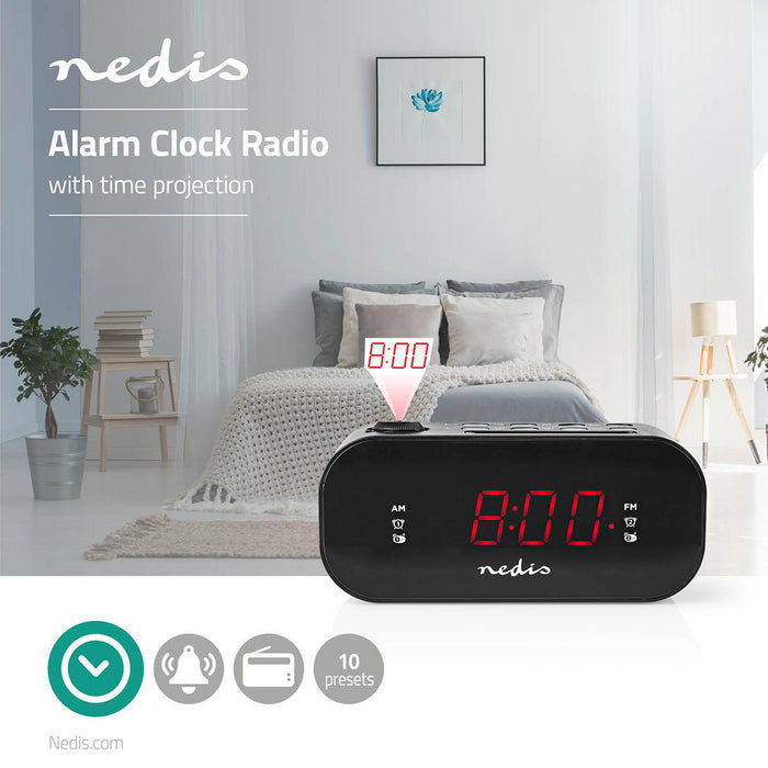 Nedis Digital Alarm Clock Radio - LED Display, Time projection, AM / FM, Number of alarms: 2 - Black