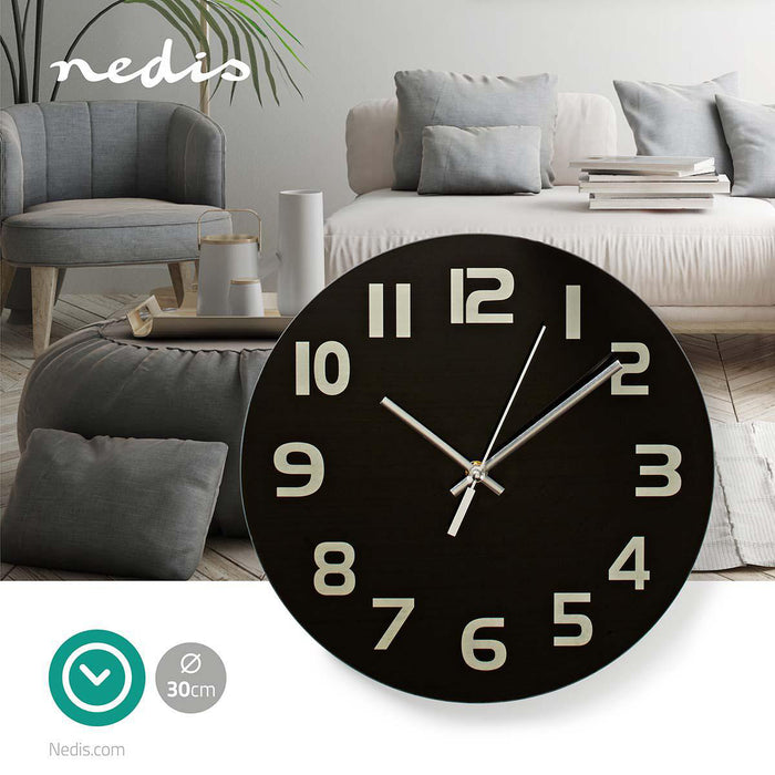 Nedis Wall Clock - Diameter: 300 mm - Glass - Black, 