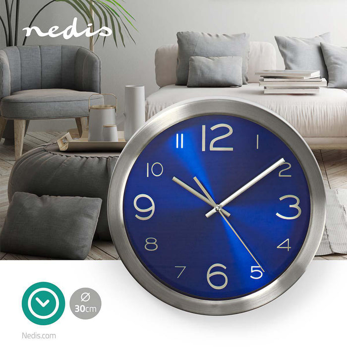 Nedis Wall Clock - Diameter: 300 mm - Stainless Steel - Blue / Silver, 