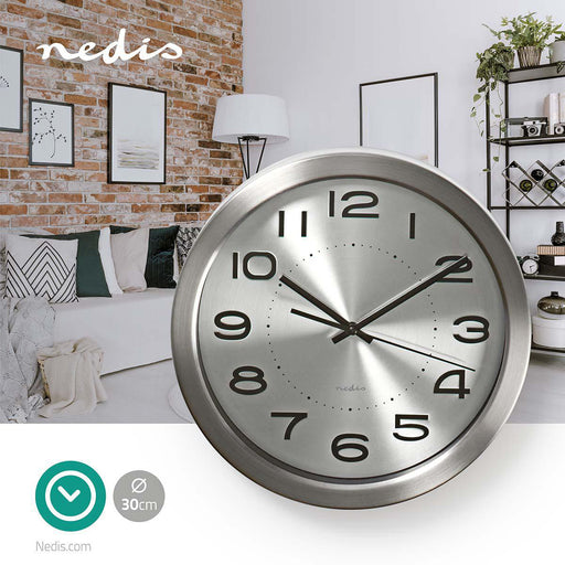 Nedis Wall Clock - Diameter: 300 mm - Stainless Steel - Silver, 