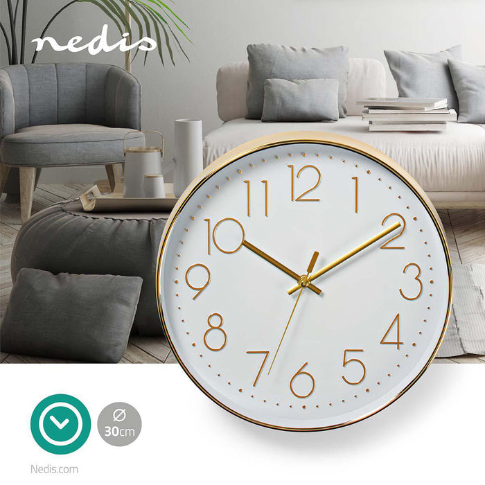 Nedis Wall Clock - Diameter: 300 mm - Plastic - Gold / White, 