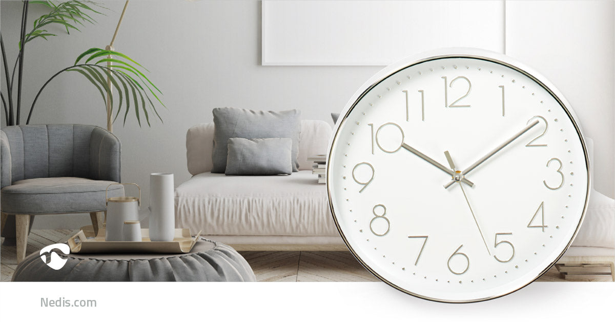 Nedis Wall Clock - Diameter: 300 mm - Plastic - Silver / White, 