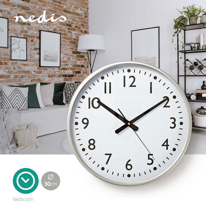 Nedis Wall Clock - Diameter: 380 mm - Plastic - Silver / White, 