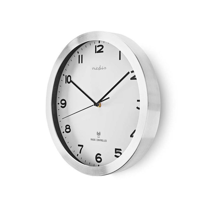 Nedis Wall Clock - Diameter: 300 mm, Aluminium / Plastic, Radio controlled time, Radio controlled time - Silver / White