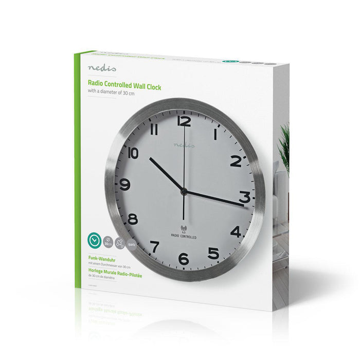 Nedis Wall Clock - Diameter: 300 mm, Aluminium / Plastic, Radio controlled time, Radio controlled time - Silver / White