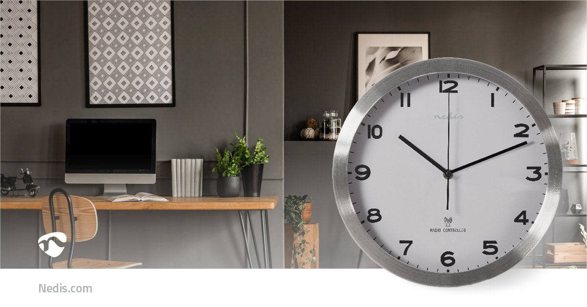 Nedis Wall Clock - Diameter: 300 mm, Aluminium / Plastic, Radio controlled time, Radio controlled time - Silver / White