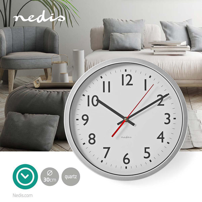 Nedis Wall Clock - Diameter: 300 mm - Plastic - Silver / White, 