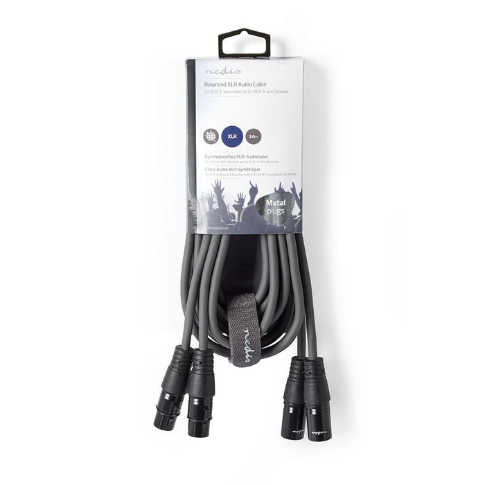 Nedis Balanced Audio Cable - 2x XLR 3-Pin Male, 2x XLR 3-Pin Female, Nickel Plated, Dark Grey - Carton Sleeve