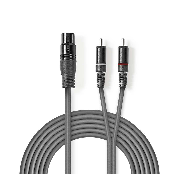 Nedis Balanced Audio Cable - XLR 3-Pin Female, 2x RCA Male, Nickel Plated, Dark Grey - Carton Sleeve