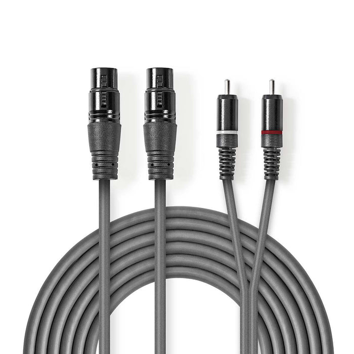 Nedis Balanced Audio Cable - 2x XLR 3-Pin Female, 2x RCA Male, Nickel Plated, Dark Grey - Carton Sleeve