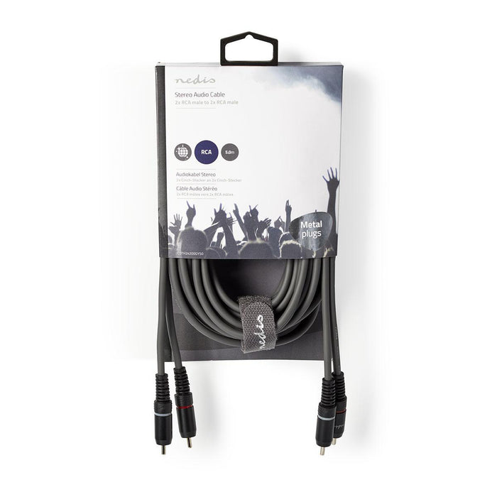 Nedis Stereo Audio Cable - 2x RCA Male, 2x RCA Male, Nickel Plated, Dark Grey - Carton Sleeve