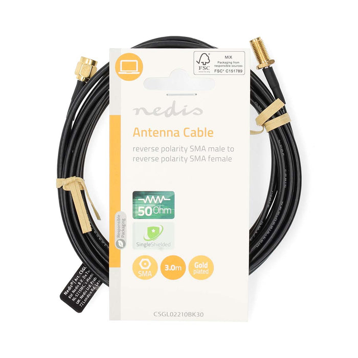 Nedis SMA Cable - RP SMA Male, RP SMA Female, Gold Plated, Black - Label