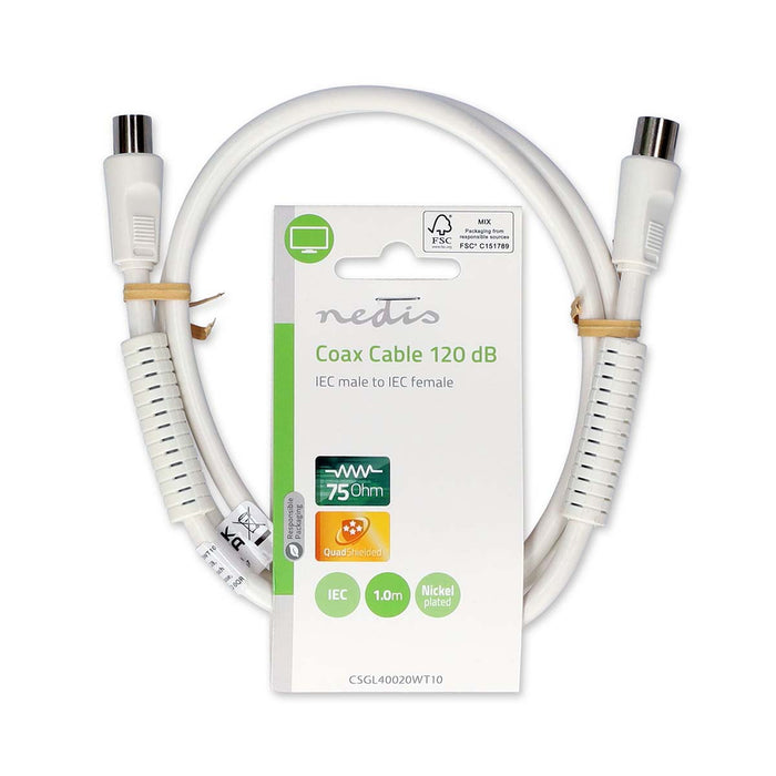 Nedis Coax Cable - IEC (Coax) Male, IEC (Coax) Female, Nickel Plated, White - Label