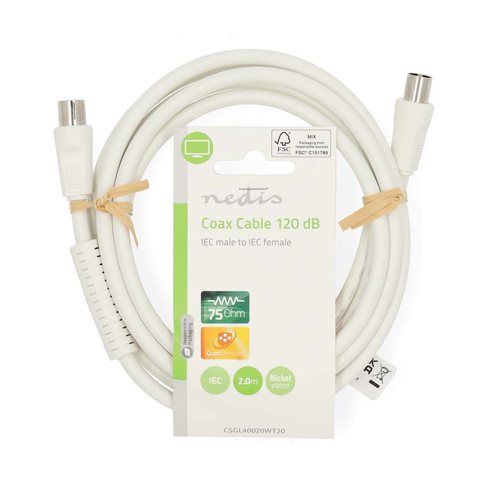 Nedis Coax Cable - IEC (Coax) Male, IEC (Coax) Female, Nickel Plated, White - Label